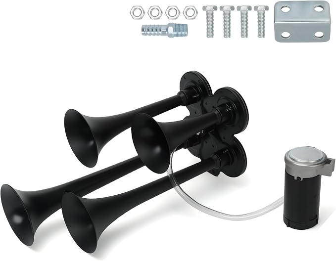 PTNHZ Double Row 4 Trumpet Air Horns Kit w/Air Compressor (No Wiring Harness & Button Switch) 12/24V Super Loud 178dB Universal for Pickup Car Jeep SUV Train Boat(Black)