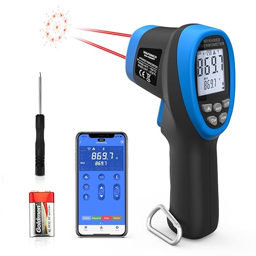 Pyrometer 30:1 Non-Contact High Temp Thermometer Gun-58℉ to 2732℉ (-50℃ ~ 1500℃) IR Thermometer Gun with Mobile APP for Pizza ovens, Kiln, Forge RQ-1500APP【Not for Human】