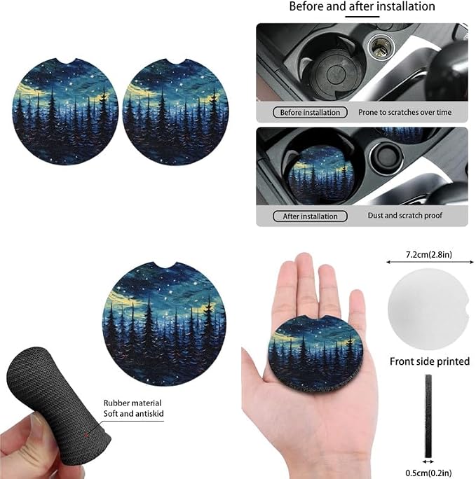Starry Night Forest Hand Drawing 13 Pcs Car Seat Covers Full Set Steering Wheel Cover Starry Sky Art Painting Back Headrest Cover Coaster Keychains for Trucks Sedan SUV
