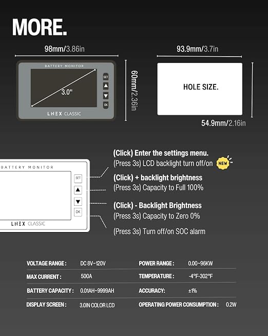 LNEX 500A Battery Monitor with Shunt, 3" Backlight Screen RV Monitor with Programmable Alarm for 8-120V Lifepo4, Lithium, Gel, Flooded Battery