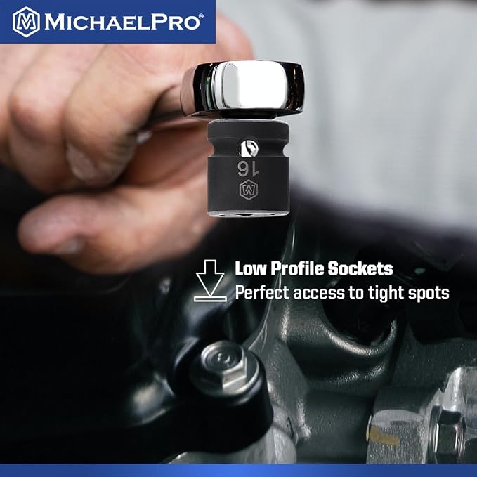 MichaelPro 1/2 Inch Low Profile Impact Socket Set, 14-Piece Low Profile Sockets, CR-MO, with Socket Rail | MP005046