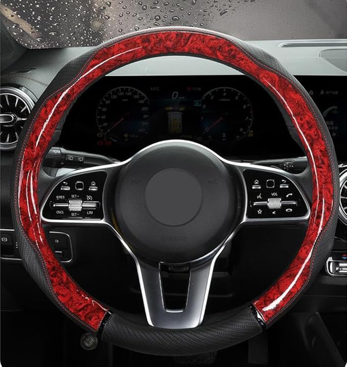 Peach Wood Grain Steering Wheel Cover Anti-Slip Breathable Durable Leather Four Seasons Universal 15 Inch Car Wrap Cover (Red)