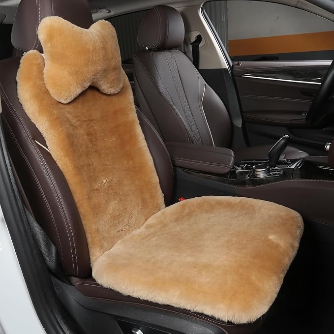 OGLAND Fuzzy Fluffy Fur Sheepskin Universal Car Seat Cover for Auto Soft Cozy Plush Wool Seat Cushion Accessories Automobiles (Honey Beige, 3 Pack Front)