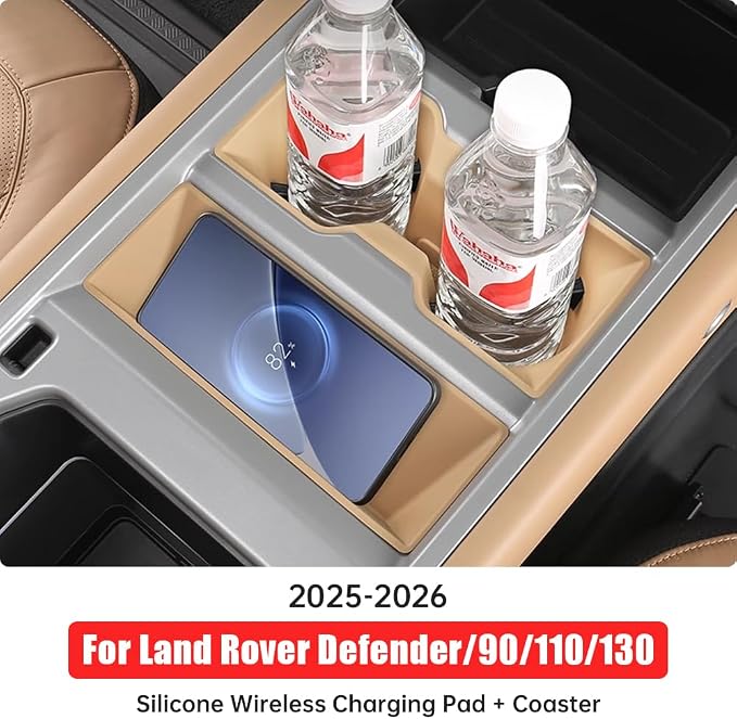Center Console Storage Box for 2025-2026 Land Rover Defender 90 110 130 Wireless Charging Mat Cup Holder Interior Storage Silicone Mat Tuning Supplies Accessories (2025 Defender (Dark Beige))