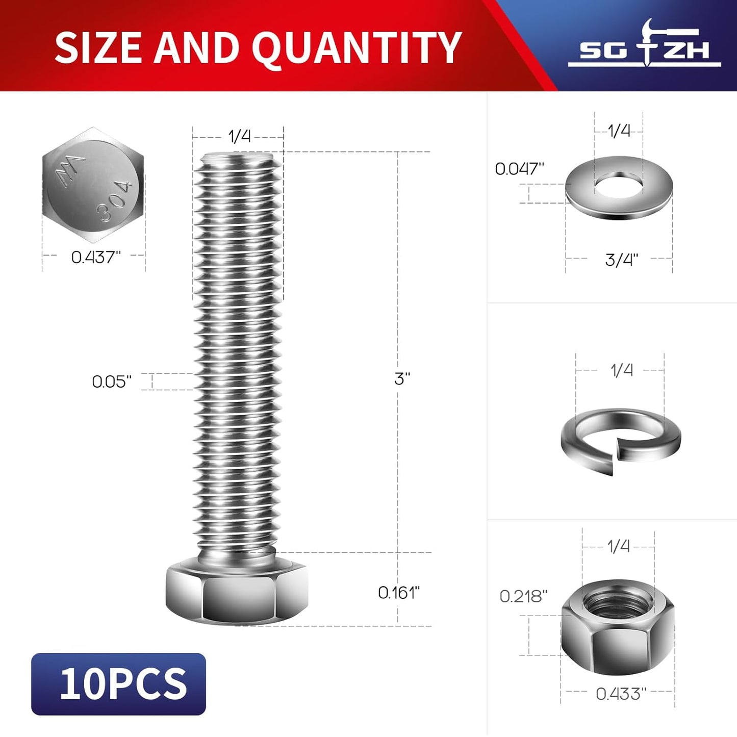 1/4-20 x 3" Hex Head Screw Bolt, Nuts, Flat & Lock Washers, 10Pcs 18-8 (304) Stainless Steel, Fully Threaded, by SG TZH