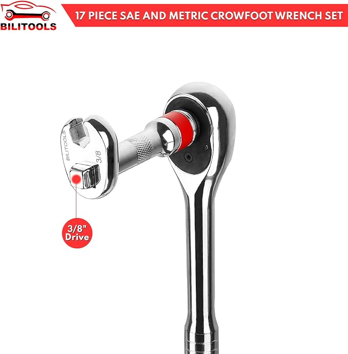BILITOOLS Wobble Extension Set& Crows Foot Wrench Set, 3/8" Drive Crowfoot Flare Nut Cr-V Metric 10-22mm & SAE 3/8"-7/8" | 17 Piece