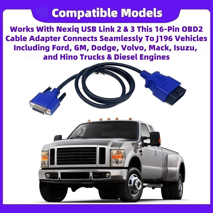 OBD2 16-Pin Cable Adapter for NEXIQ USB Link 2 & 3 J1962 Diagnostic Tool Compatible with Dodge, Ford, GM, Hino, Isuzu, Mack, Volvo Trucks,Replacement 493113
