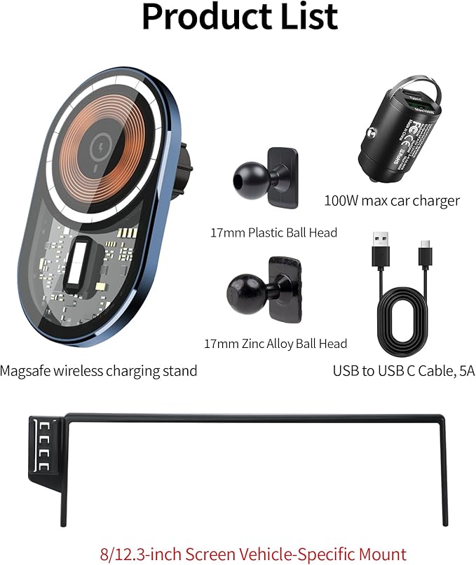 Wireless Charging Car Phone Holder for Toyota BZ4X 2023-2026 / Subaru Solterra 2023-2026, 8/12.3" Screen Fixed Clip, 360° Rotation Car Phone Mount Compatible with MagSafe