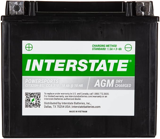 Interstate Batteries YTX20H-BS 12V 18Ah Powersports Battery 310CCA High-Performance AGM Rechargeable Replacement for Arctic Cat, Harley Motorcycles, Bikes, ATVs, Jet Skis, Snowmobiles (CITX20H-BS)