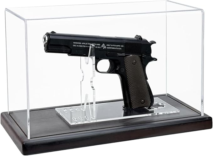 Premium Acrylic Pistol Display Case with Solid Wood Base & Clear Pistol Stand - UV Protection, Dustproof Gun Display Box for Collector Handguns, 1911, Glock and Memorabilia (11" x 4.2" x 6.7")