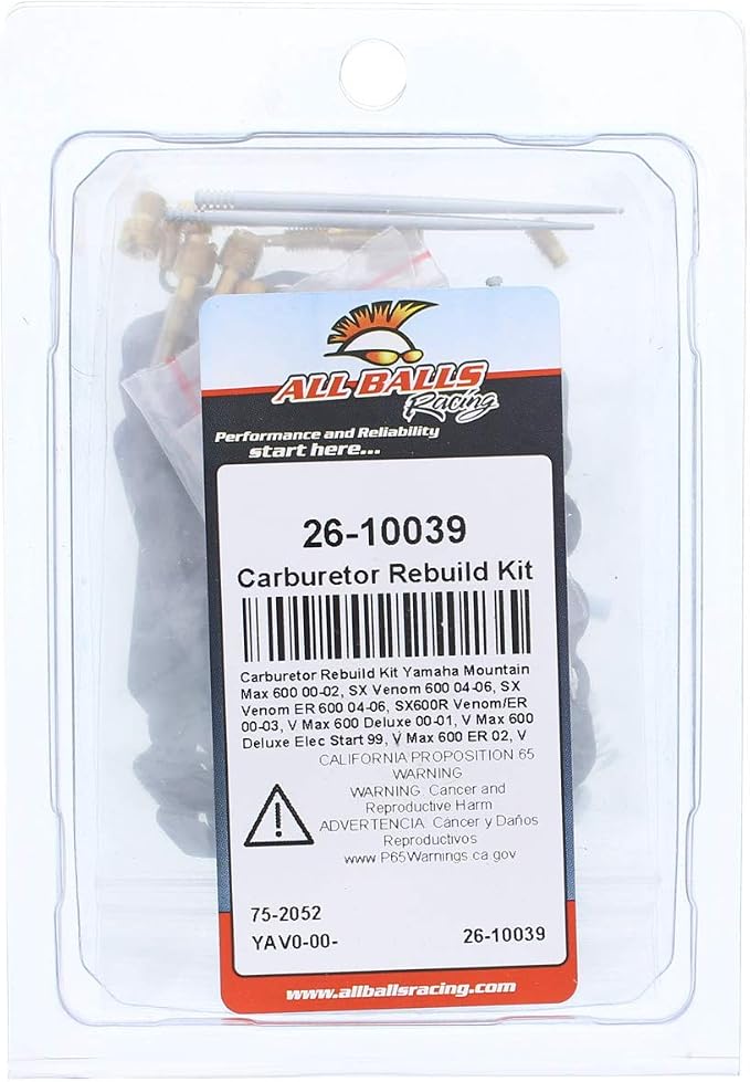 All Balls Racing 26-10039 Carb. Rebuild Kit Closed Course Racing Only Compatible With/Replacement For Yamaha Mountain Max 600 2000-02, SX Venom 600, SX Venom ER 600 2004-06, SX600R Venom/ER 2000-03