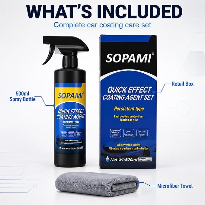 Sopami Car Coating Spray,Multi‑Purpose Quick Coating Spray | High Gloss Shine, Auto Body Wax Scraping and Polishing Waterless Wash, Wheels & Interior Surfaces (1 pcs)