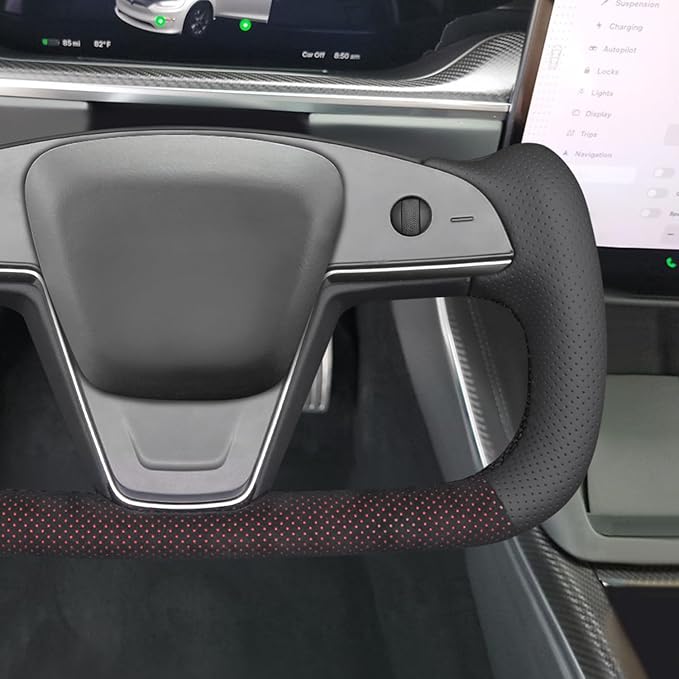 MEWANT DIY Black Perforated Real Leather Mesh Athsuede Red Layer Steering Wheel Cover for Tesla Model S Yoke Model X