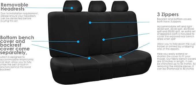 FH Group 3 Row 7 Seater Classic Khaki Set Car Seat Covers, Airbag and Split Rear Car Seat Cover, Universal Fit, Cars Trucks and SUV Car Accessories, Black
