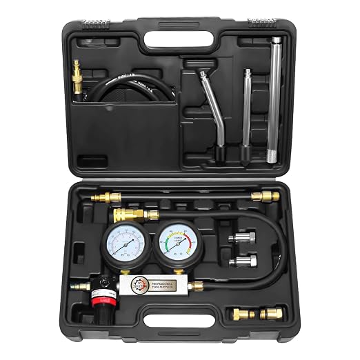JIFETOR Cylinder Leak Down Tester Kit, Automotive Engine Compression Dual Gauge Leakdown Test Set with 10 12 14 18mm Spark Plugs Universal for Small Engine Motorcycle ATV, Black Case