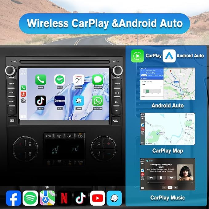AWESAFE Android Car Stereo for Chevy Silverado GMC Sierra Yukon 2007-2013, Touch Screen Silverado 1500 Radio Replacement with GPS Navigation CarPlay Android Auto Multimedia Video Player - 2GB+64GB