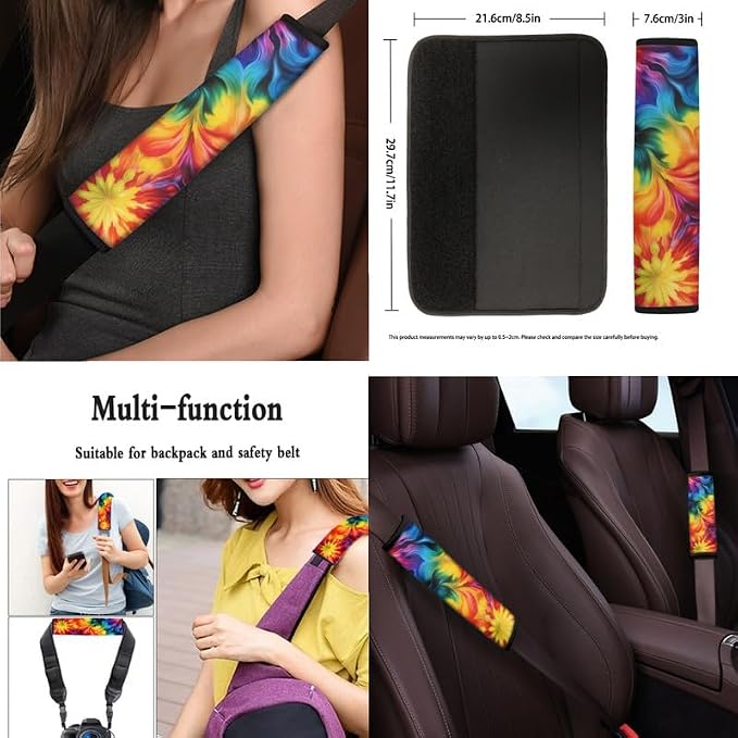 Rainbow Tie-Dye Print 13 Pcs Universal Car Seat Covers Set, Colorful Abstract Art Painting Steering Wheel Cover Cup Coasters Trucks Sedan SUV Cover Armrest Cushion Pad