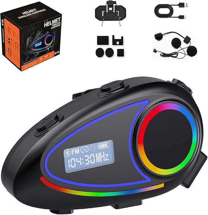 Motorcycle Wireless Helmet Intercom & Bluetooth Headset — 1600ft Motorcycle Helmet Communication System with 40-Hour Battery Life, Waterproof, FM Radio, Voice Assistant, and Ultra-Slim 1.2cm Speakers