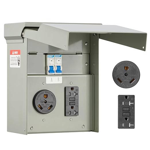 VEVOR Temporary Power Outlet Panel, RV Electrical Breaker Box with Prewired 30 Amp & 20 Amp GFCI Receptacle Circuit, Weatherproof RV Electrical Panel for RV Hookup Camper Travel Trailer Motorhome