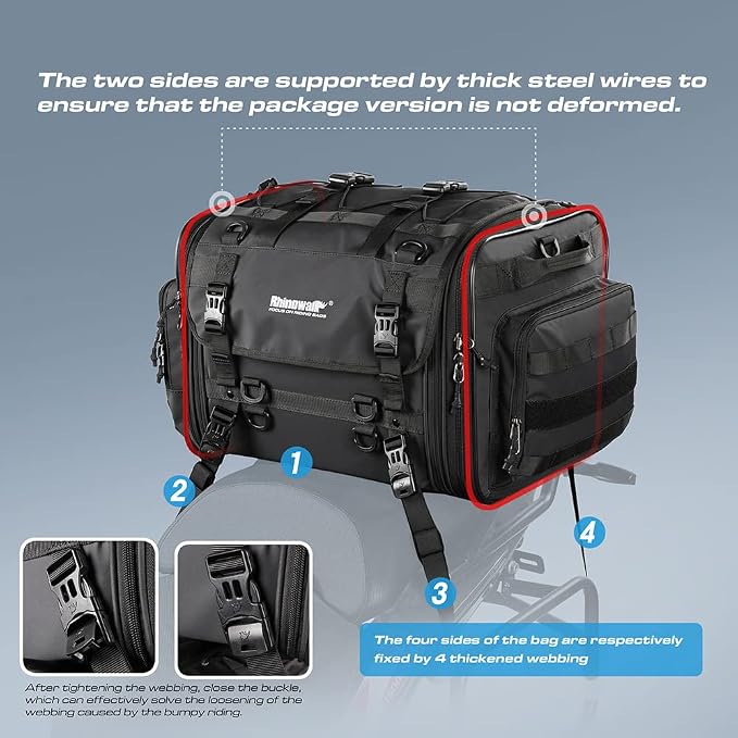Rhinowalk Motorcycle Saddle Bag Motorbike Tail Bag Waterproof Expandable Pannier Bag Powersports Travel Luggage 60L (Black)