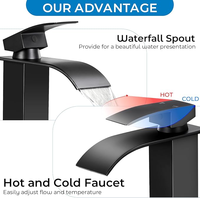 2 Pack Black Bathroom Faucets, Waterfall Bathroom Sink Faucet Modern Single Handle Bathroom Faucte 1 or 3 Hole, RV Mixer Tap Vanity Faucet - Includes Pop-up Drain Supply Hoses Deck Plate