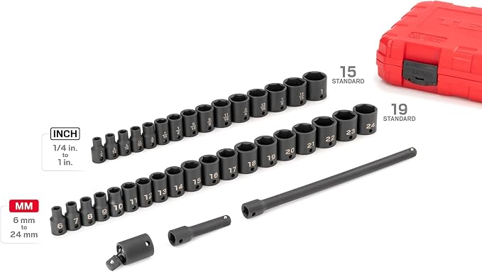 TEKTON 3/8 Inch Drive 6-Point Impact Socket Set, 37-Piece (1/4-1 in., 6-24 mm) | SID91402