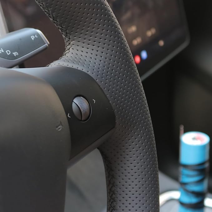 MEWANT DIY Hand Sew Black Genuine Leather Steering Wheel Cover Wrap for Tesla Model Y 2020-2023 Model 3 2017-2023