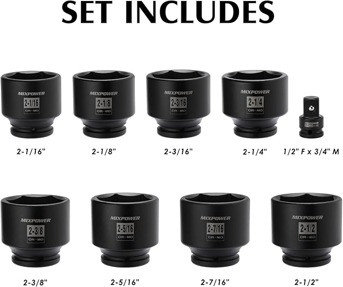 MIXPOWER 9 Pieces 3/4-Inch Drive Impact Socket Set, CR-MO, 6 Point, SAE, 2-1/16" to 2-1/2", 9 PCS Jumbo Sockets, 3/4" Drive Standard Impact Socket Set