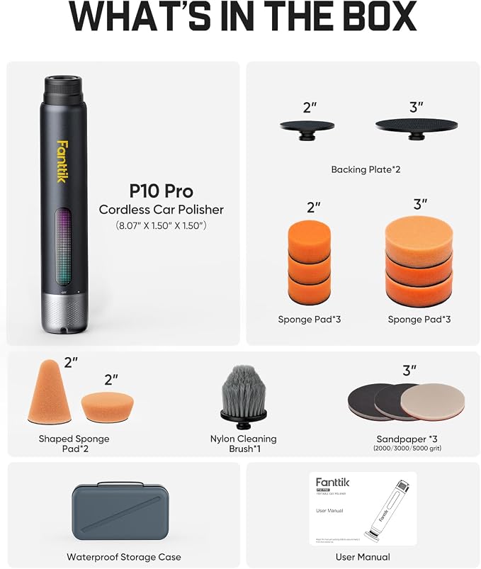 Fanttik P10 Pro Mini Car Buffer Polisher, 4000mAh Cordless Rotary Car Polisher Waxer, 2 Inch/3 Inch, 3 Variable Speed 300-950 RPM Car Detailing Kit for Polishing, Sanding, Waxing and Cleaning