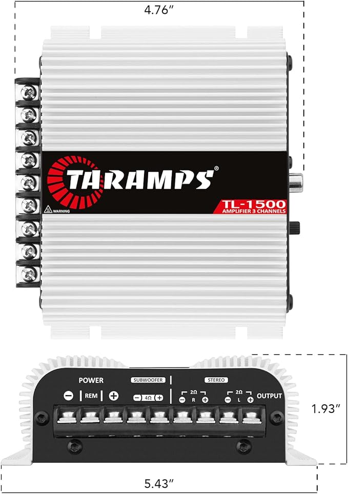 Taramp's TL 1500 Full Range 390 watts RMS 3 Channels Car Audio 2 Stereo Channels 1 Sub Channel Class D Amplifier, RCA/Wire Input, Bass Boost 13.8 VDC System, White