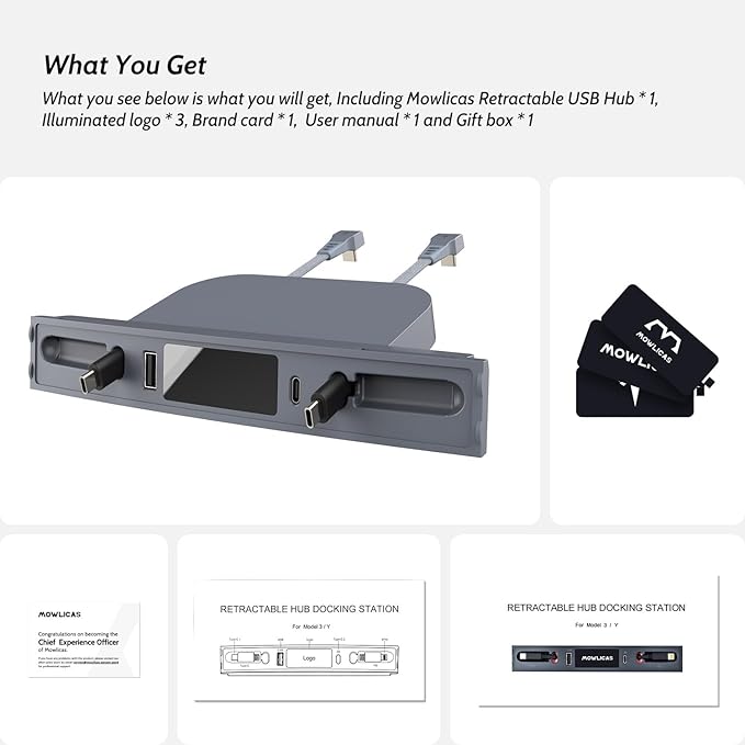 Silver Gray USB Hub for Tesla Owners, 2 USB C Retractable Fast Charging Cables for iPhone 15, is Necessary Tesla Tesla Model 3/Y Accessories (2024-2021) but not Highland or Juniper Compatible