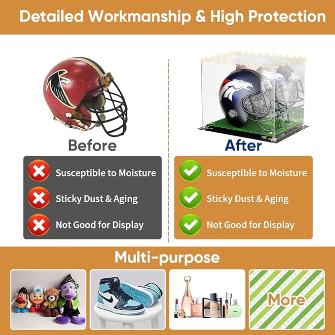 Football Helmet Display Case - Updated Full Size Acrylic Helmet Display Box for Baseball Motorcycle Hats - UV Protection Clear Showcase with Mirrored Back Turf Base & LED Tricolor Light Strip