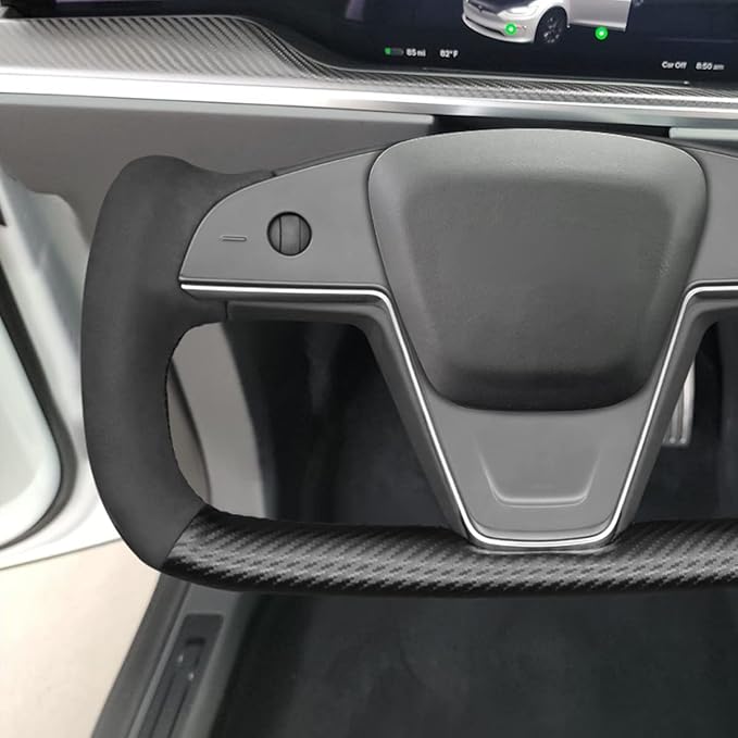 MEWANT Hand Stitch Black Matte PU Carbon Fiber Suede Steering Wheel Cover for Tesla Model S Yoke 2021-2023 Model X Yoke