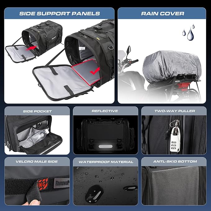 Rhinowalk Motorcycle Saddle Bag Motorbike Tail Bag Waterproof Expandable Pannier Bag Powersports Travel Luggage 60L (Black)