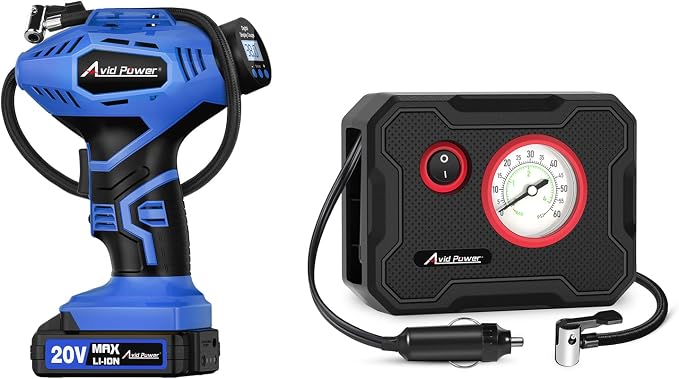 AVID POWER 20V Cordless Tire Inflator Portable Air Compressor bundle with 12V Portable Car Tire Pump