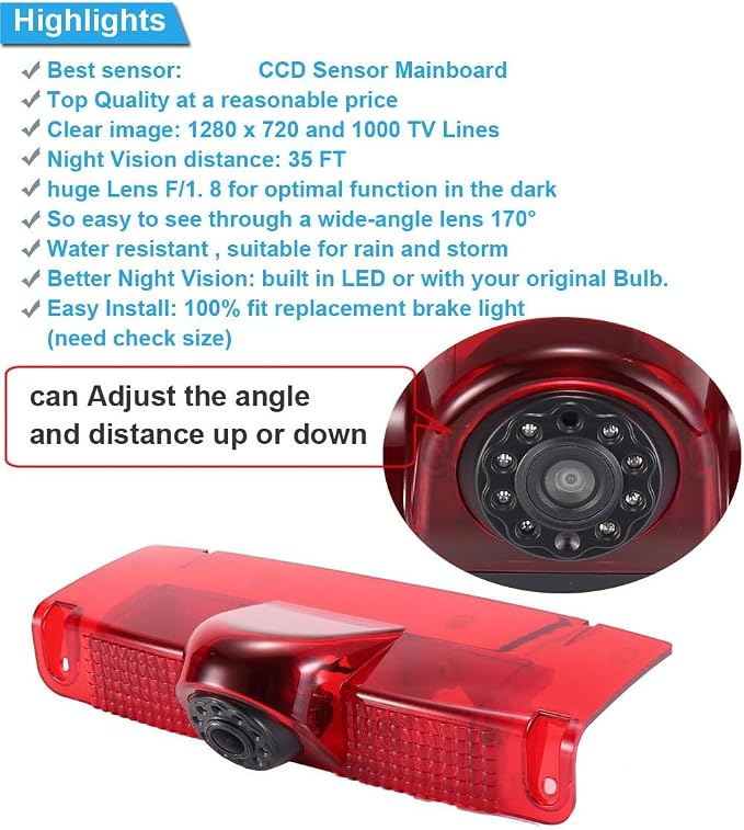 18mm Car Third Roof Top Mount Brake Lamp Light Rear View Reverse Parking Camera,replacement for Chevrolet Express GMC Chevy Savana Exporer Vans Cargo Van 2003-2018 (with 4.3 inch rear view mirror)