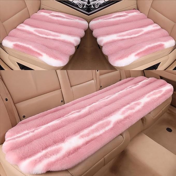 Faux Sheepskin Car Seat Cover, Thin Fluffy Cute Pink Fur Car Seat Cover Full Set for Fuzzy Soft Auto Universal Plush Vehicle Seat Protector Pad Accessories 3Pcs Pink
