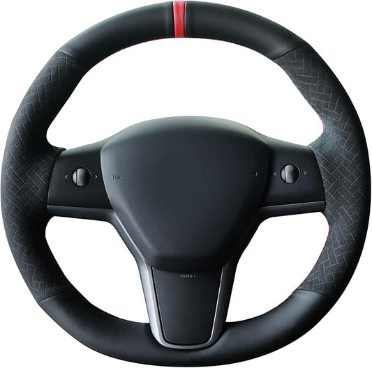 MEWANT Hand Stitch Steering Wheel Cover for Tesla Model Y 2023 Model 3 2023 Made of Black Faux Leather Embossed Athsuede