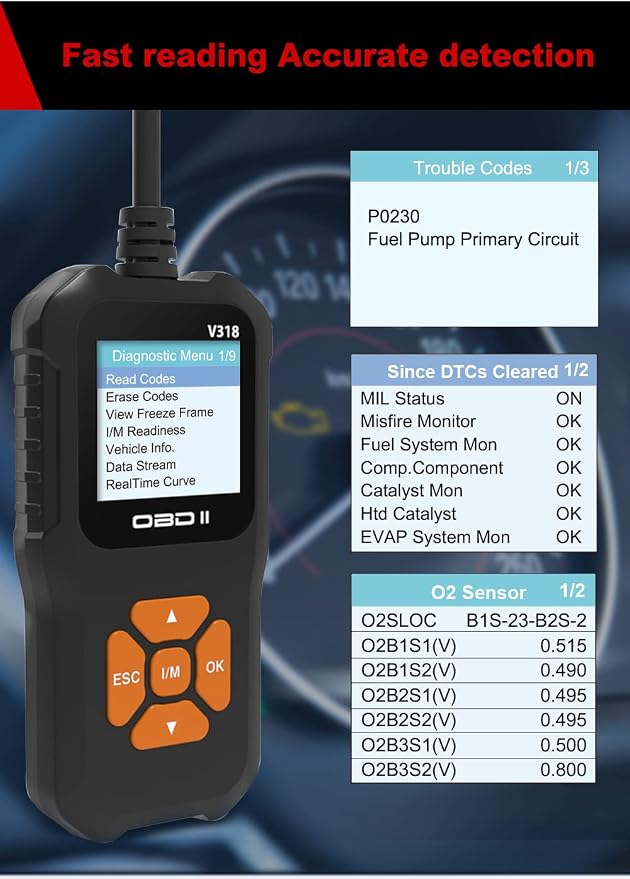 Outzone V318 OBD2 Scanner, Basic Car Code Reader with 1.8" Color Screen, Engine Fault Code Scanner for All Gasoline OBDII Vehicles, Read & Clear Check Engine Light, 10 Languages Supported