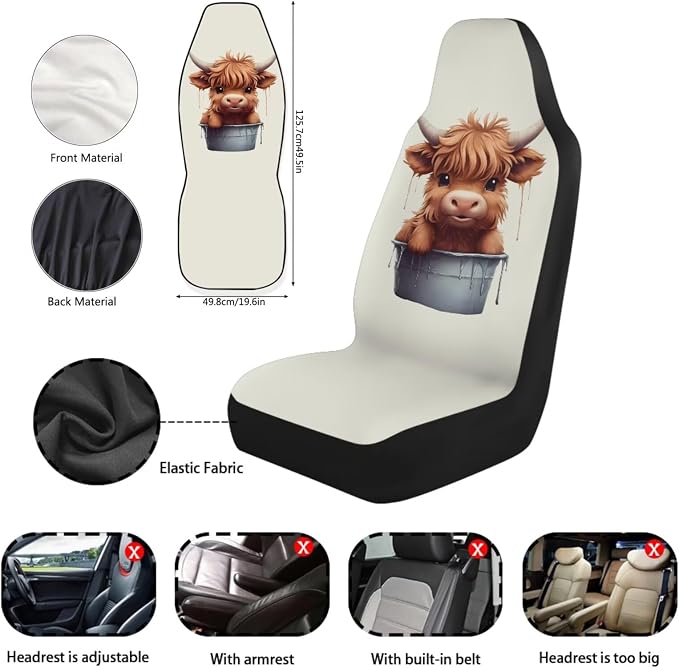 Cute Highland Cow 11 Pack Car Seat Covers Full Set Front Seat Cover Car Steering Wheel Cover Auto Seat Belt Cover Gear Lever Cover Cars Rear View Mirror Cover for Cars SUV