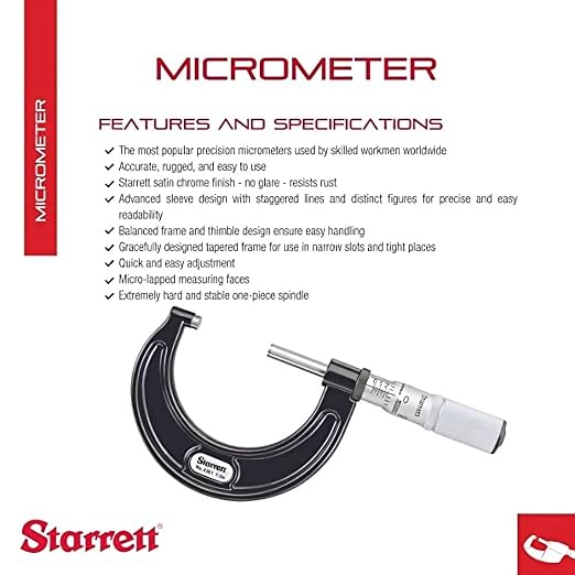 Starrett Outside Micrometer with One-Piece Spindle, Satin Chrome Finish and Tapered Frame - Quick and Easy Adjustment, 1-2" Range, .0001" Graduation - T436.1XFL-2