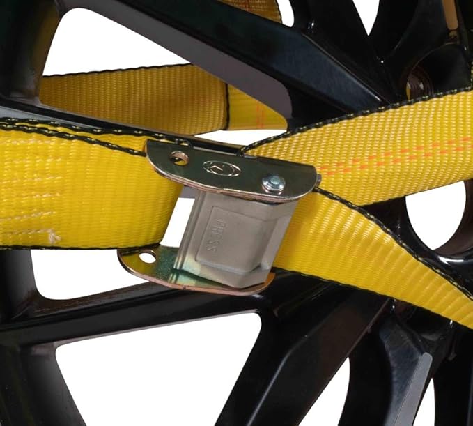 Mytee Products 2 Pack 2" x 120" Yellow Side Mount Wheel Tie Down Strap with Flat Hook & Dual Ratchet – 3,333 lbs WLL Wheel Net Fits 14–17" Tires, Heavy Duty Vehicle Tie Down Strap for Car Hauling