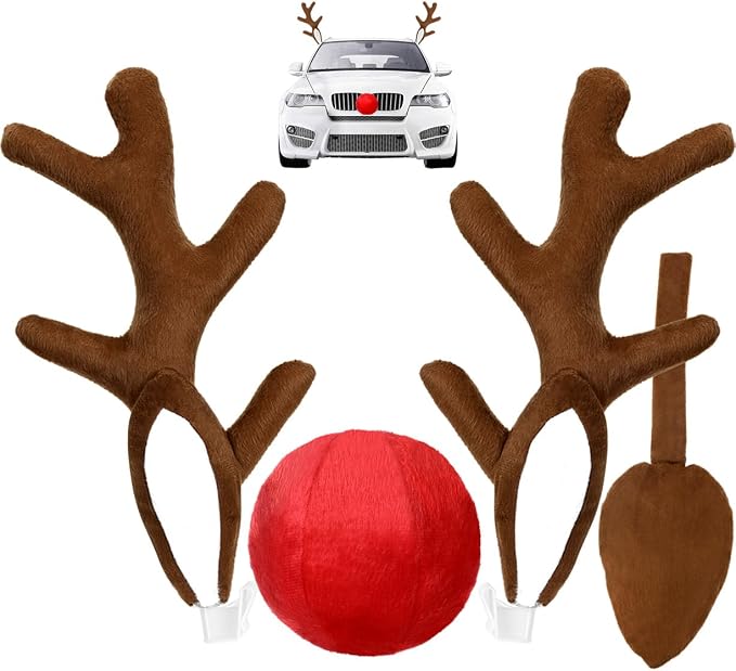 Christmas Car Reindeer Antlers with Nose & Ears - Festive Plush Antler Kit with Lights & Bells - Universal Holiday Decoration for SUV Van Truck