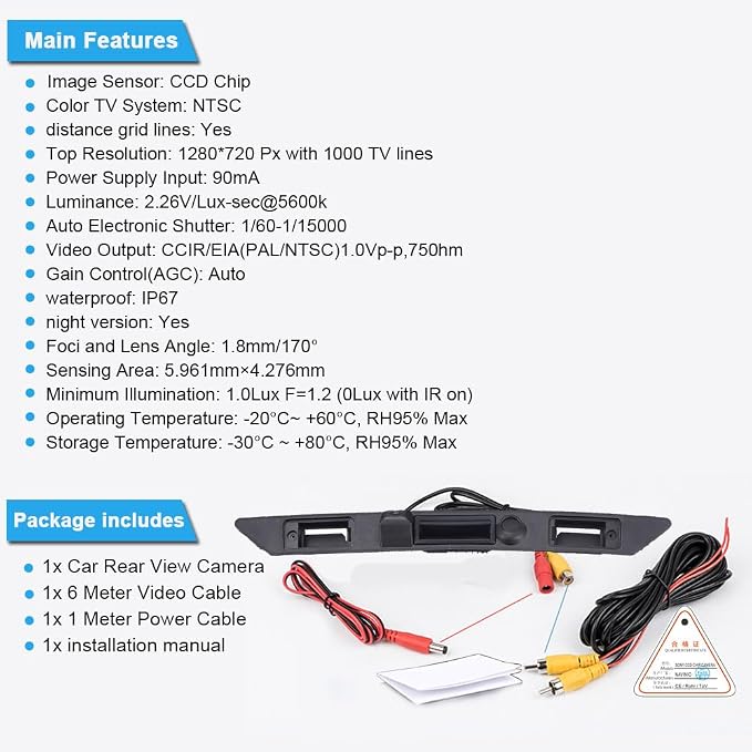 HD Night Vision Rear View Parking Camera Waterproof Trunk Handle Backup Camera Without Switch for OEM 8P48275743FZ 4L0827574 Audi A3 A4/S5 B6 A6/S6 Models Q7 RS3 S3 RS4 S4 RS6 S6 A6 A6L(No.LS8001B)