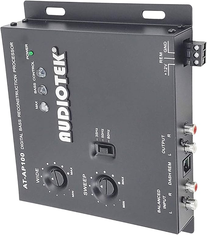 Audiotek AT-AP100 1/2 Din Car Audio Digital Bass Processor & Sound Restoration, Crossover for Car Subwoofer Tuners w/Bass Knob Input 15V RMS and Maximum Output 13.5V Peak