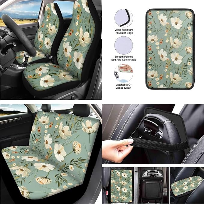 Daffodil Retro Hand Drawing 13 Pack Car Accessories Set Include Car White Flower Art Painting Front Seat Covers Car Decorations,Car Cup Pad Seat Belt Shoulder Pads