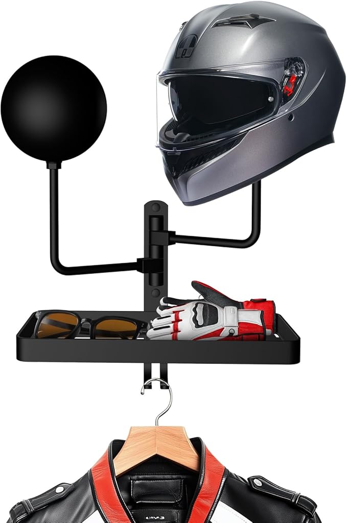 Motorcycle Helmet Holder Wall Mount, Rustic Helmet Rack with 2 Ball Hangers and Storage Space for Motorcycle Gear Accessories, The Double Hooks for Key/Jacket Hanging