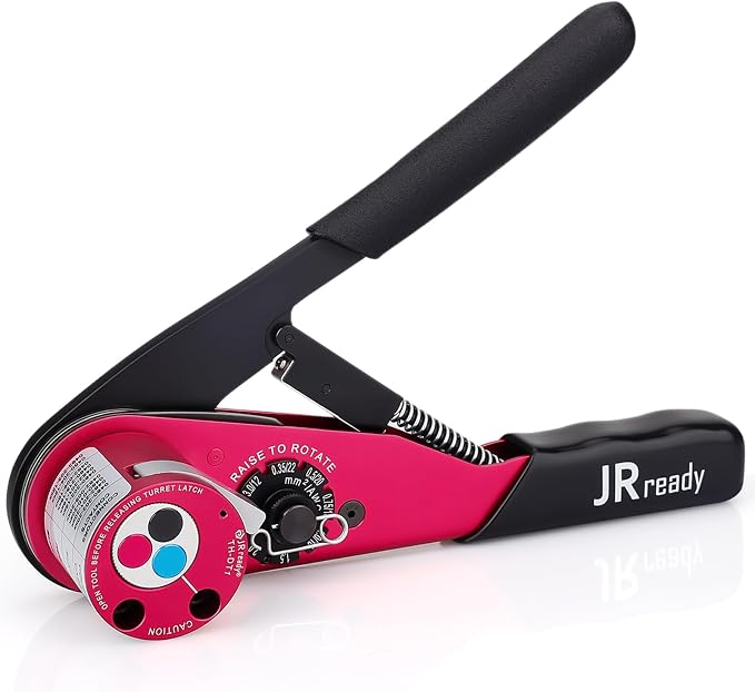 JRready ACT-DT1 Deutsch Crimp Tool Turret-Style (HDT-48-00 Equivalent) for DT/DTM/DTP Connectors Size 12/16/20 Solid Contacts (12-22AWG), 4-Indent 8-Impression Ratcheting Crimper