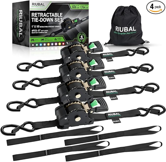 Retractable Ratchet Straps (4-Pack) - 1 Inch x 10 Feet (1,764lb Break Strength) - Auto Self Retracting Tie Down Straps Heavy Duty for Motorcycle, ATV, UTV, Truck, Cargo Trailer - Black