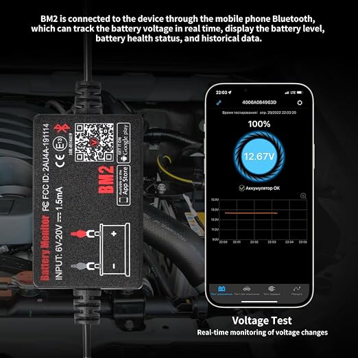 BM2 Bluetooth Battery Monitor 12V Car Battery Tester for Lead Acid Battery, LowVolt Alarm for All 12 Volts Solar Power Systems/RVs/Motorcycles/Boats/Cars Compatible with iPhone and Android